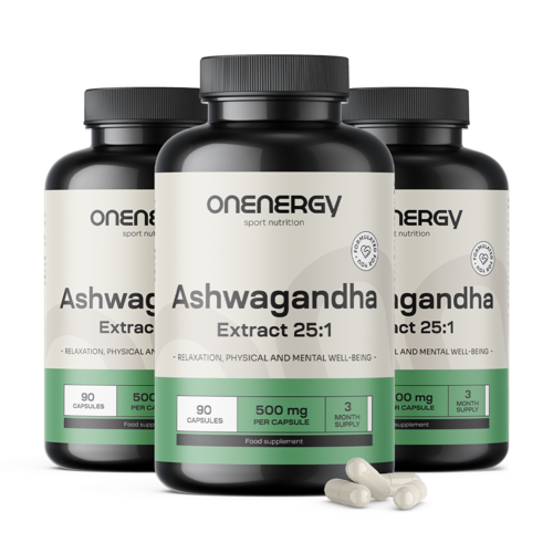 3x Ashwagandha 500 mg – extrakt 25:1, spolu 270 kapsúl